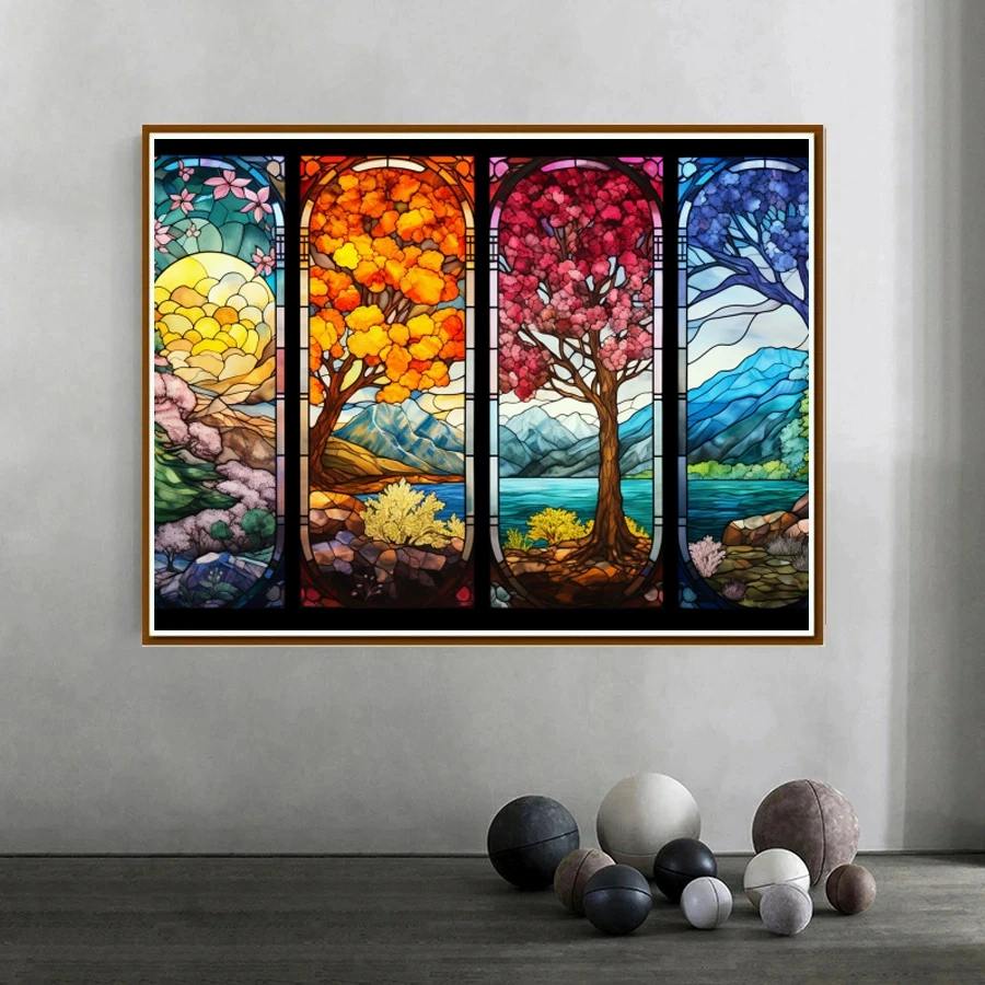 Vitrail paysage des quatre saisons, peinture diamant AB, mosaïque