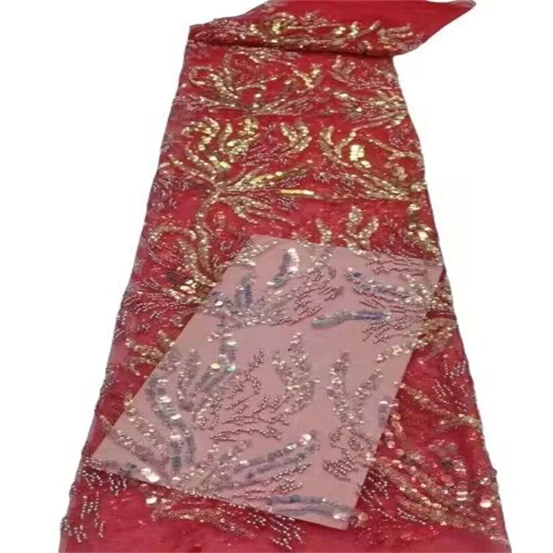 

Luxury African Sequins Beaded Lace Fabric Red High Quality Groom Nigerian Wedding Bridal Embroidery French Tulle Sewing bric