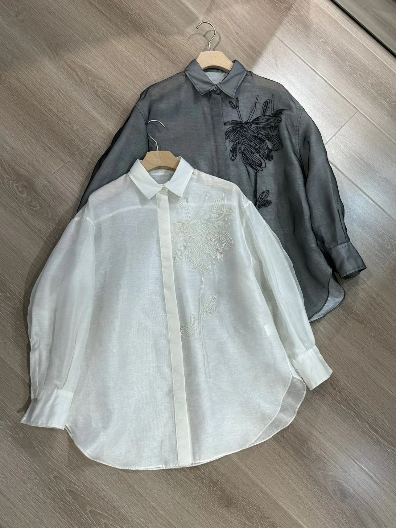 

Spring Summer 2024 Women's Shirt Silk Embroidery Long Sleeve White Gray Loose Blouse Female Top Woman's Clothing