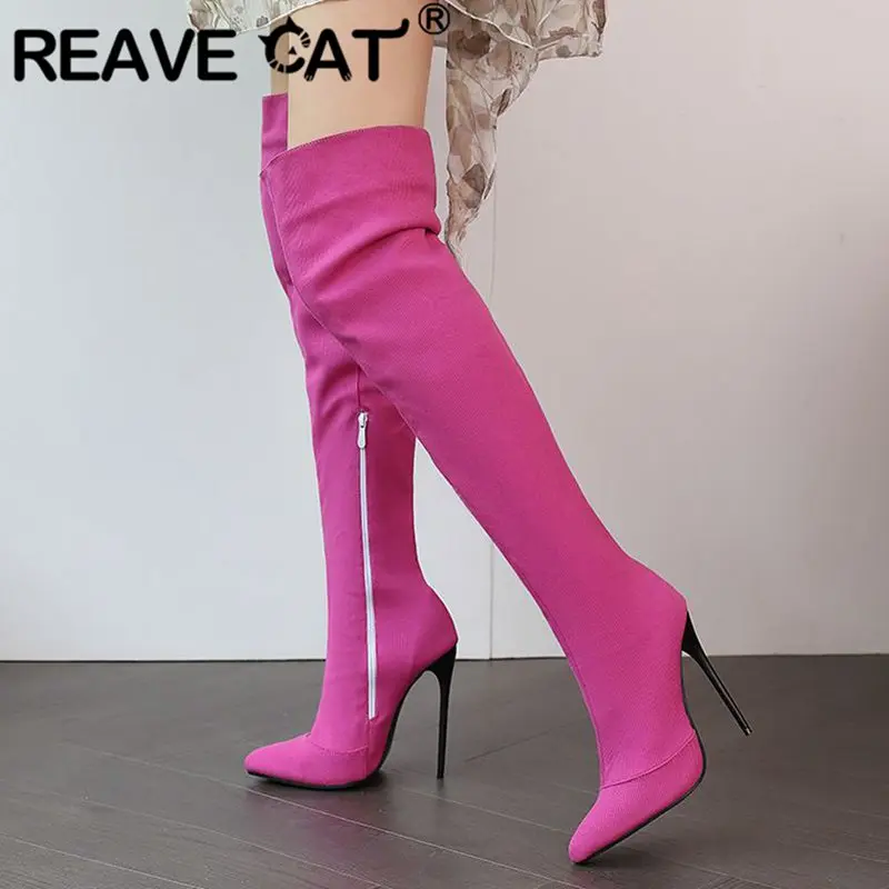 

REAVE CAT Design Thigh Boots Pointed Toe Zipper Stilettos Sexy Stretch Female Booties Plus Size 45 46 47 48 Fashion Party Shoes