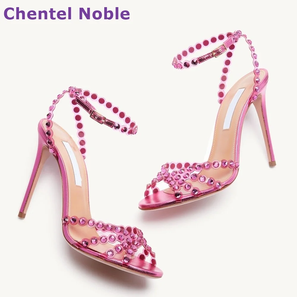 Red Rhinestone Luxury Sandals Round Toe Thin High Heels Open Toe Buckle Strap Sandals Hottest Fashion Sexy Summer Women Shoes