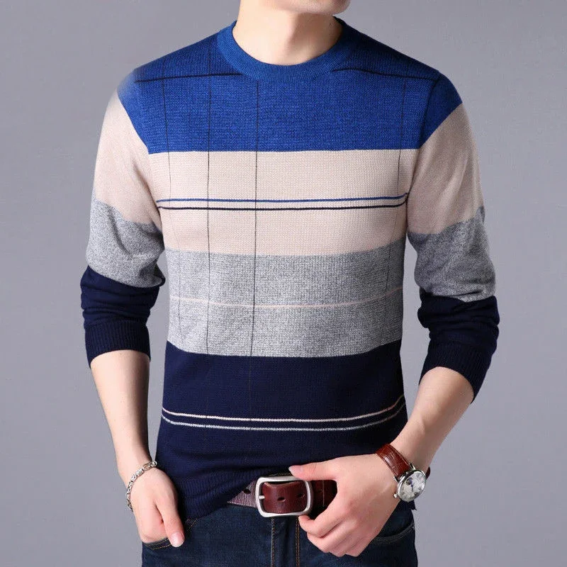 Spring Autumn Vintage Striped Print Long Sleeve Sweaters for Men All Match Pullovers Keep Warm Loose Casual Fashion Male Clothes