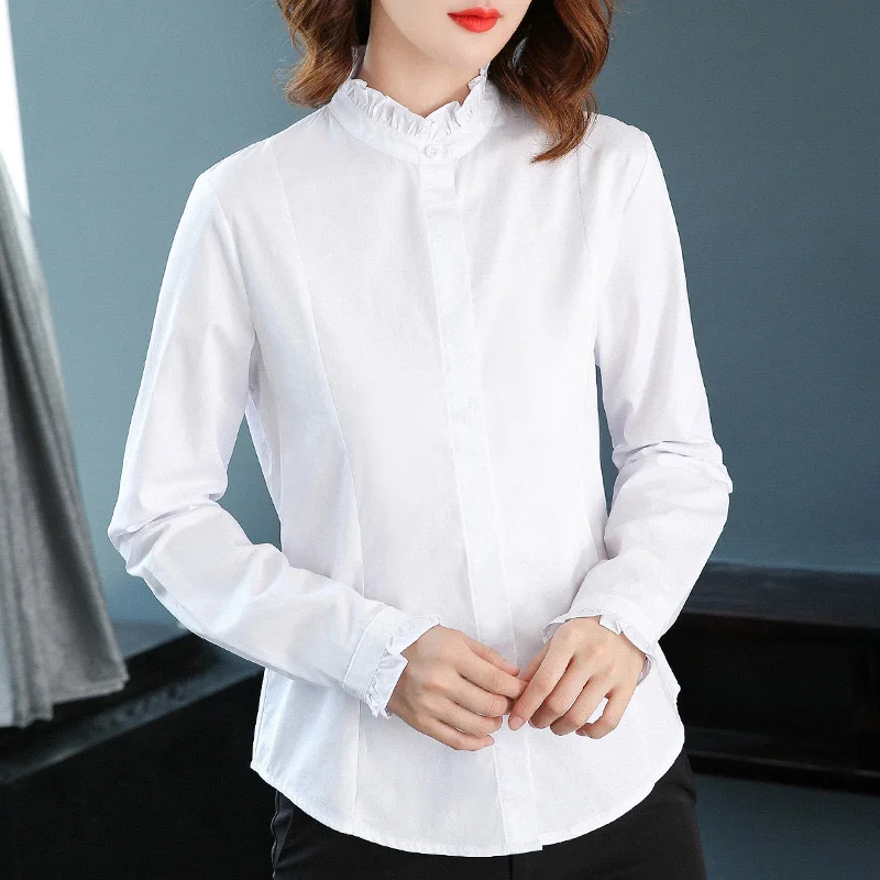 2023 New Pure Cotton Shirt Women'S Long Sleeve Korean Slim Fitting Wood Ear Collar Stand Temperament Bottomed White