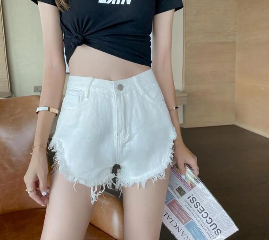 2022 New Streetwear Fringed Denim Shorts Women's Hem Sexy Blue Ripped Short Jeans High-waist Lace-up Skinny Summer Women
