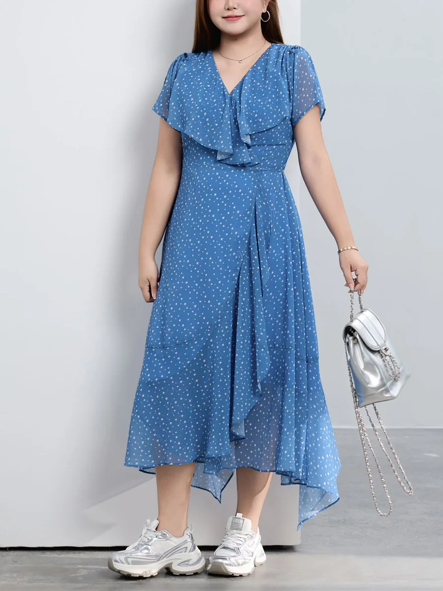 The Star River Shadow V-neck Ruffled Cinched Waist Dress Plus Size Women Premium Asymmetry Vacation Style Print Chiffon Dresses