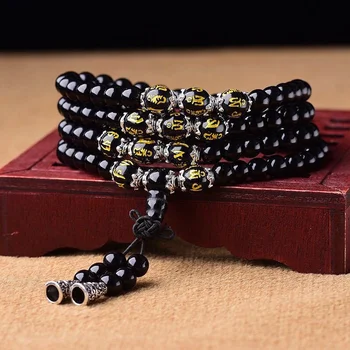 Lucky Gift 108 Mala Beads Six Words Mantra Obsidian Onyx Meditation Yoga Stone Bracelet Necklace Amulet Bracelet&Bangles Jewelry 1