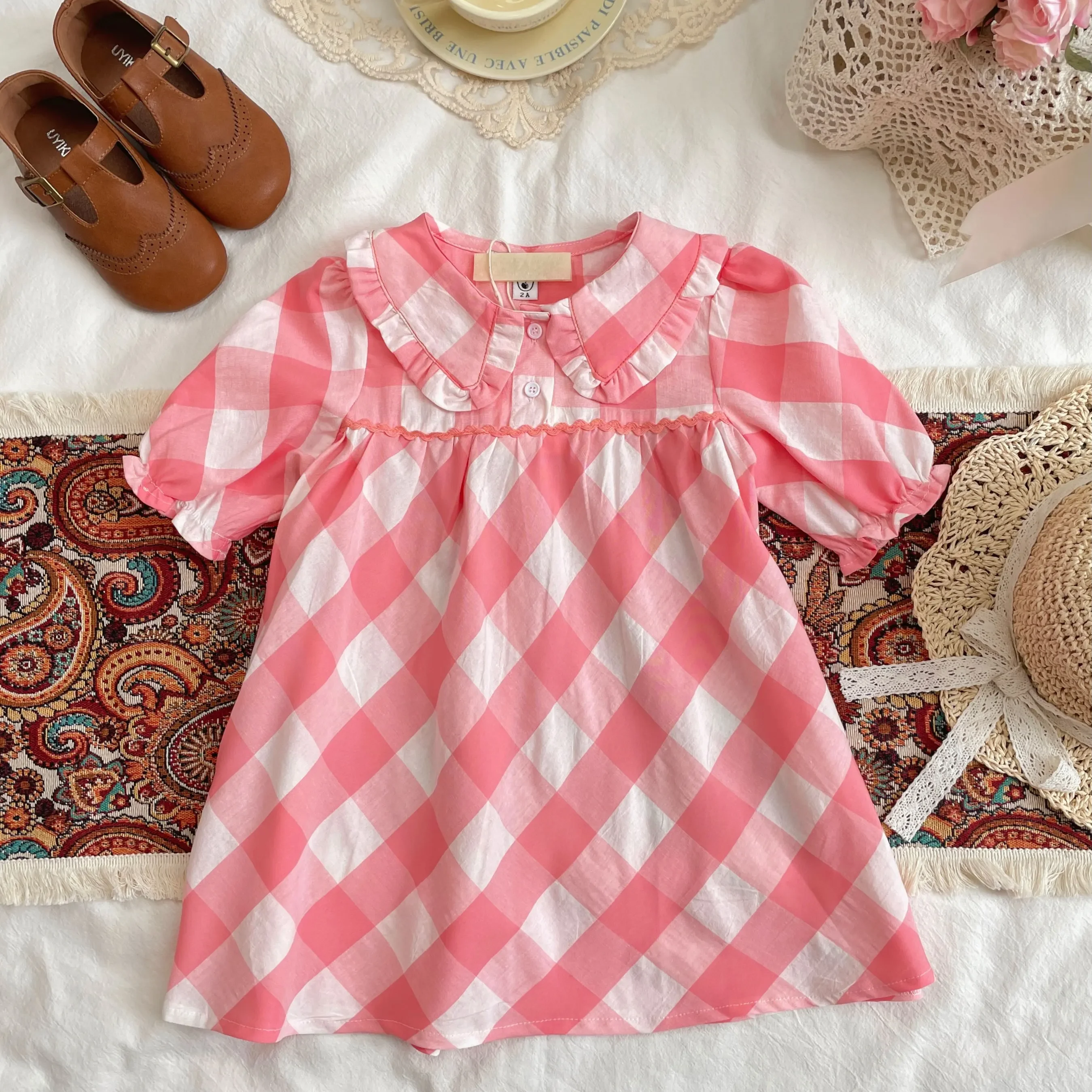 

In stock! 2024 Summer EM Series Children's Dress Girls Nordic style lapel red and white striped dress Princess dress Children's