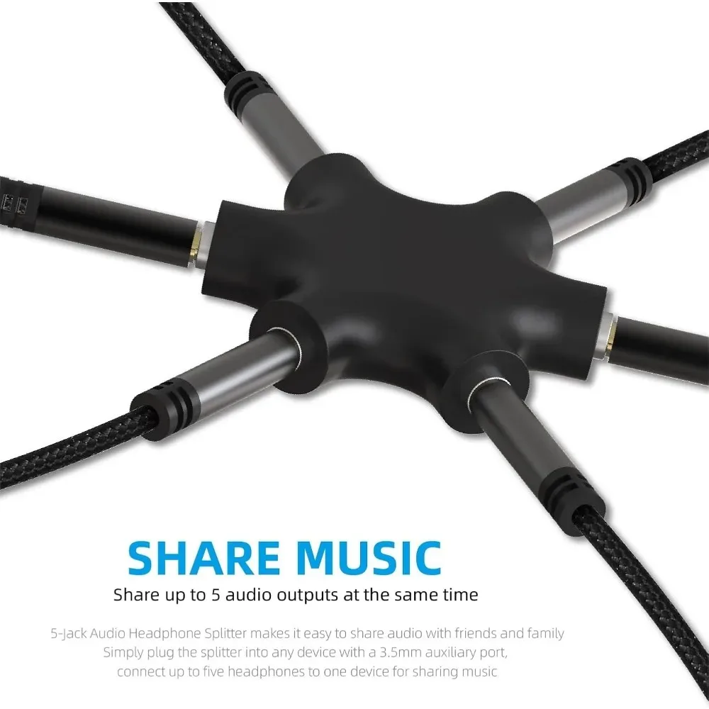 5 in 13.5mm Multi Headphone Audio Splitter 5-Jack Female Connector Adapter with 3.5mm Stereo Cable 20cm & 100cm,3-in-1Pack