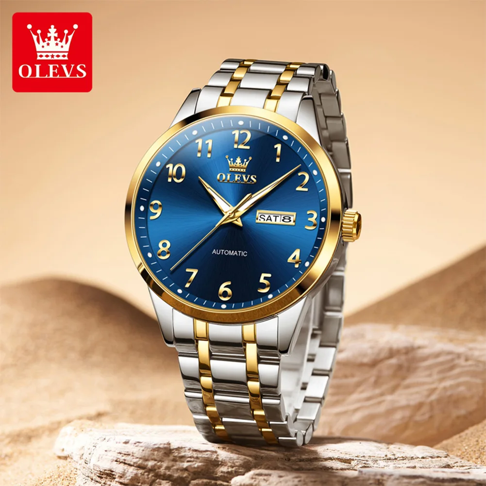 OLEVS 7078 Men's Watch Original Number Scale Mechanical Watch For Men Dual Calendar 30M Waterproof Fashion Automatic Wristwatch