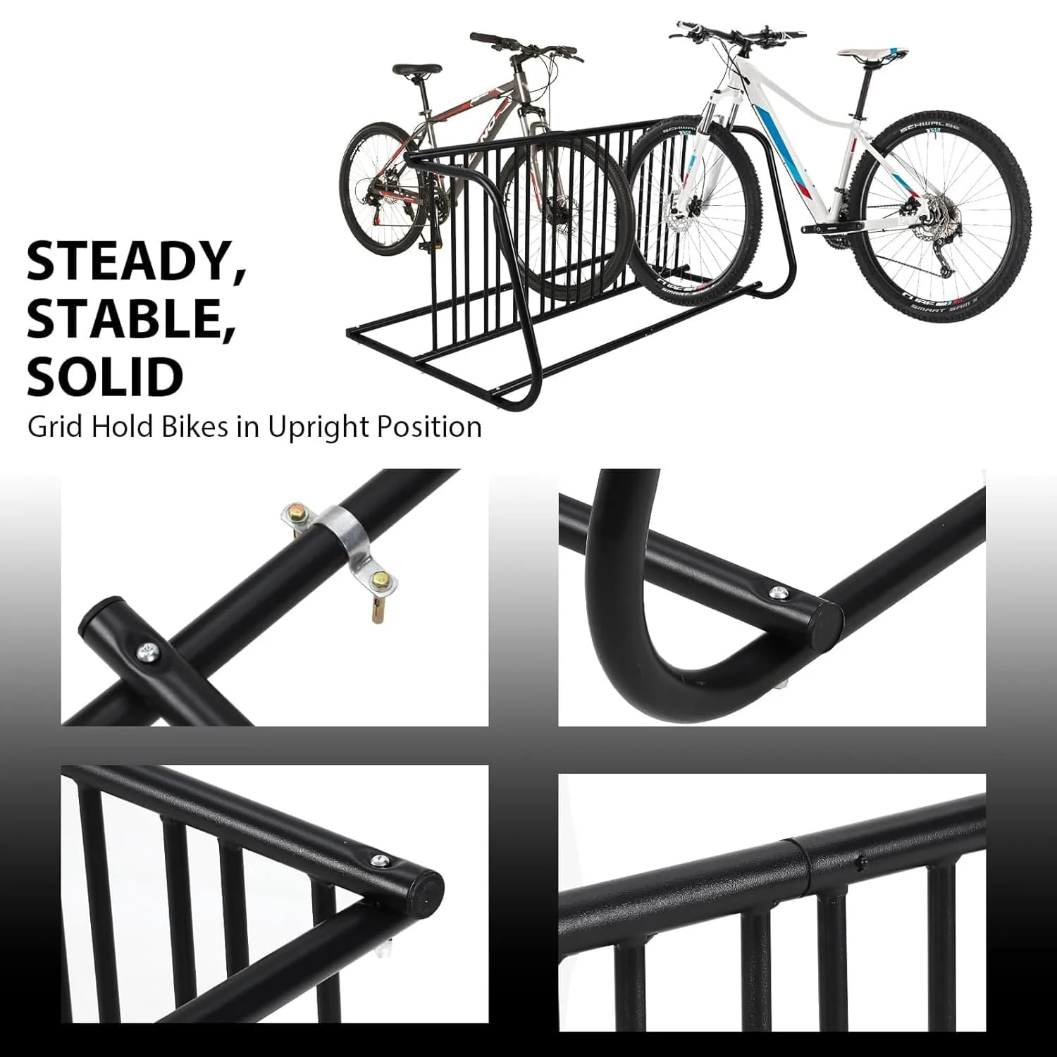 10 Halter Boden-Fahrradträger, 155 cm Länge, Ganzstahl-Gitter-Fahrradträger, 10 Fahrradkapazitäten, doppelseitiger Aufbewahrungsständer für Garagen, Höfe, Fahrräder – Detail 5