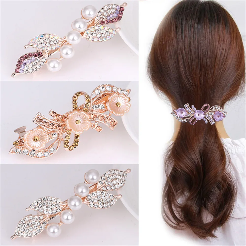 

Fashion Pearl Rhinestone Spring Hair Clip Boutique Metal Leaf Flower Shape Diamonds Hairpin Women Girls Barrette Hairgrips