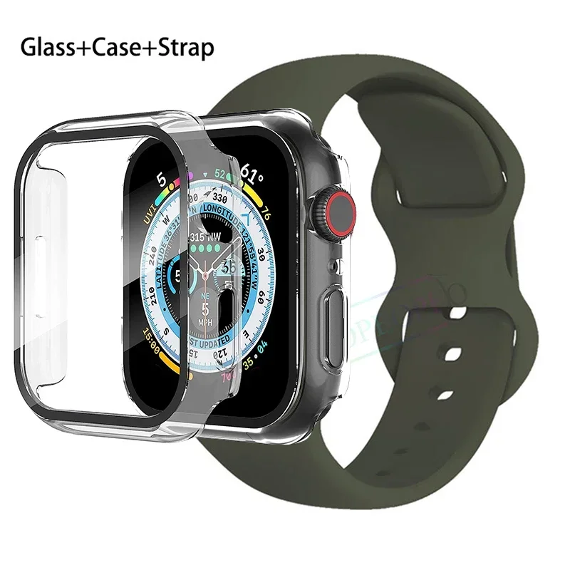 Premium Silicone Apple Watch Band with Glass Case and Strap - Compatible with All Series