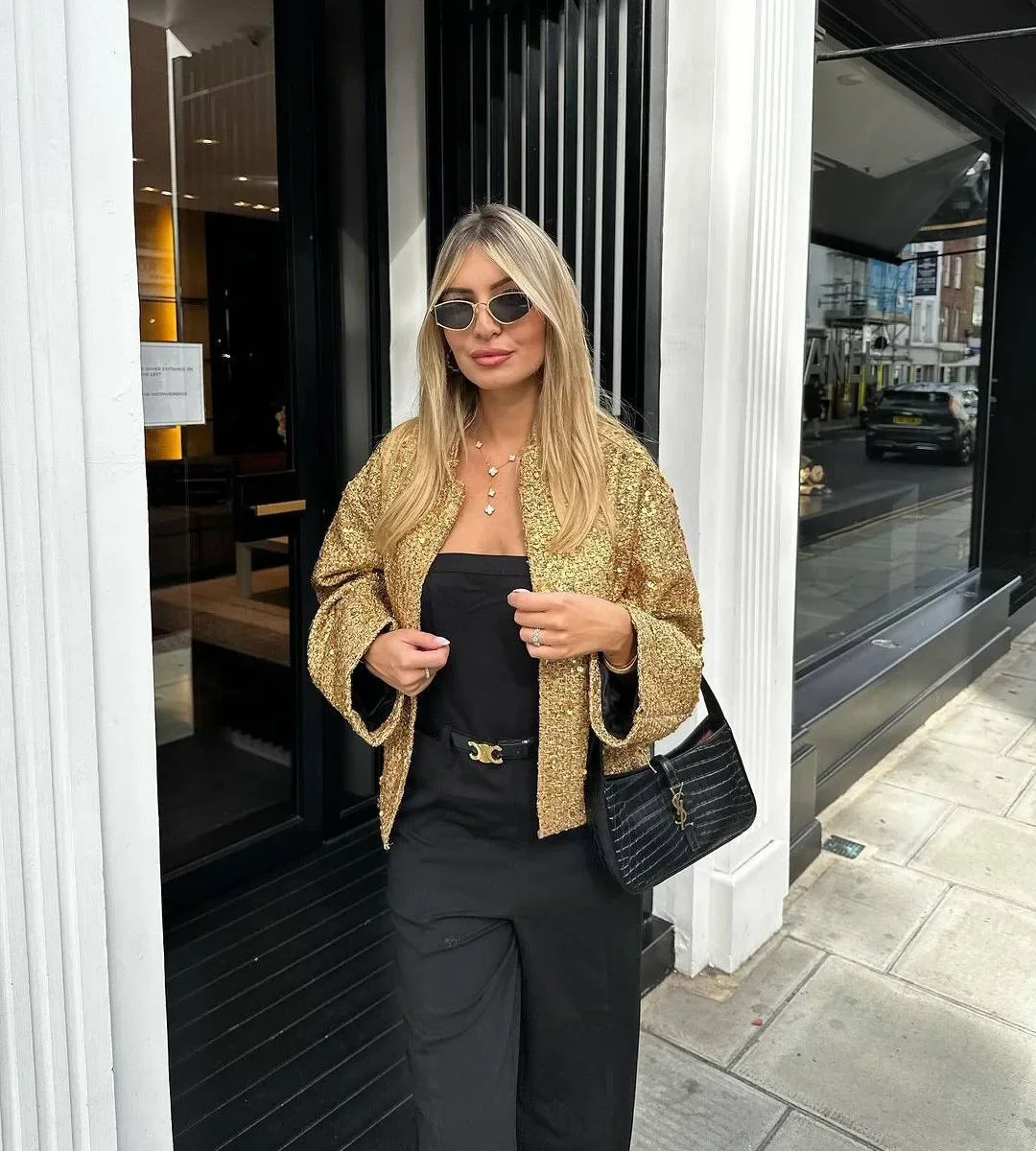 S7802f2e6dbd9450793232181eb913e7de Women's Sequined Bomber Jacket Fall New Round Neck Long Sleeve Pocket Stretch Hem Sequins Jacket Coat Female Chic Outerwear Mallzona