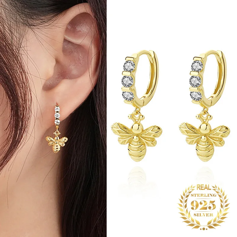 

Vintage Zircon Bee Hoop Earrings 925 Sterling Silver Insect Charm Women Drop Earrings Fashion Fine Jewelry Party Birthday Gift