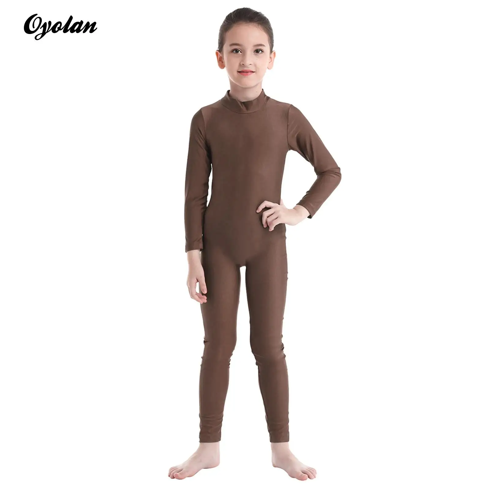 

Kids Girls Long Sleeves Ballet Leotards Zippered Tight Fitting Zentai Jumpsuit for figure skating Gymnastics Unitard Dancewear