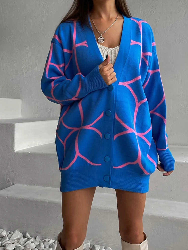 Women Sweater Cardigan Elegant Green Striped Knitted Women's Clothing