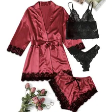 

2022 Sexy Women Pajamas Satin 4-piece Lace Silk Suspender Tops Shorts Robe Pajamas Set Nightgown Underwear Nightdress Suit
