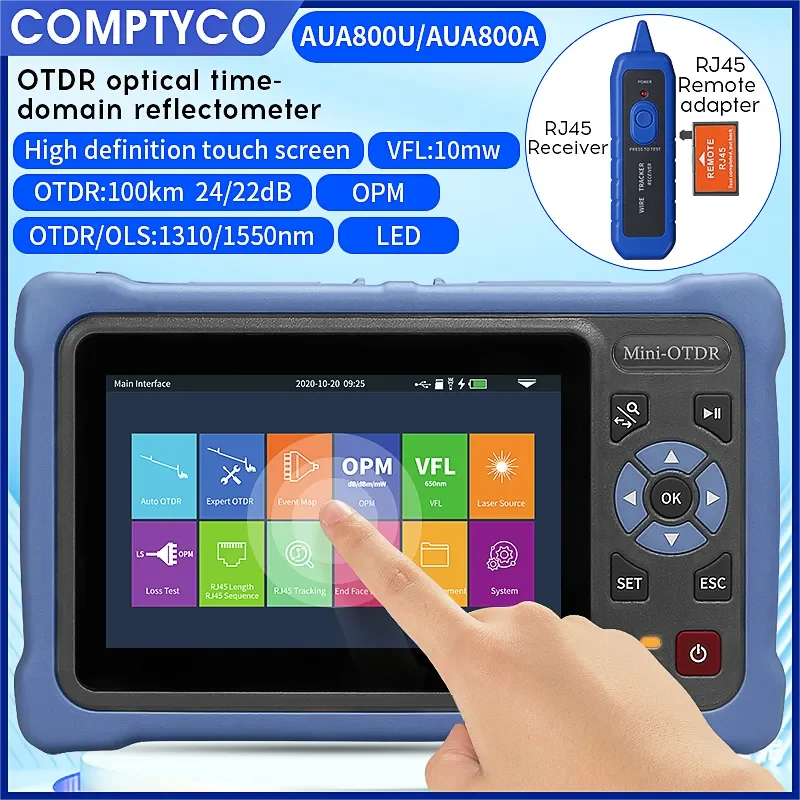 

MINI OTDR 1310/1550nm 26/24dB Fiber Optic Reflectometer Touch Screen VFL OLS OPM Event Map Ethernet Cable Tester