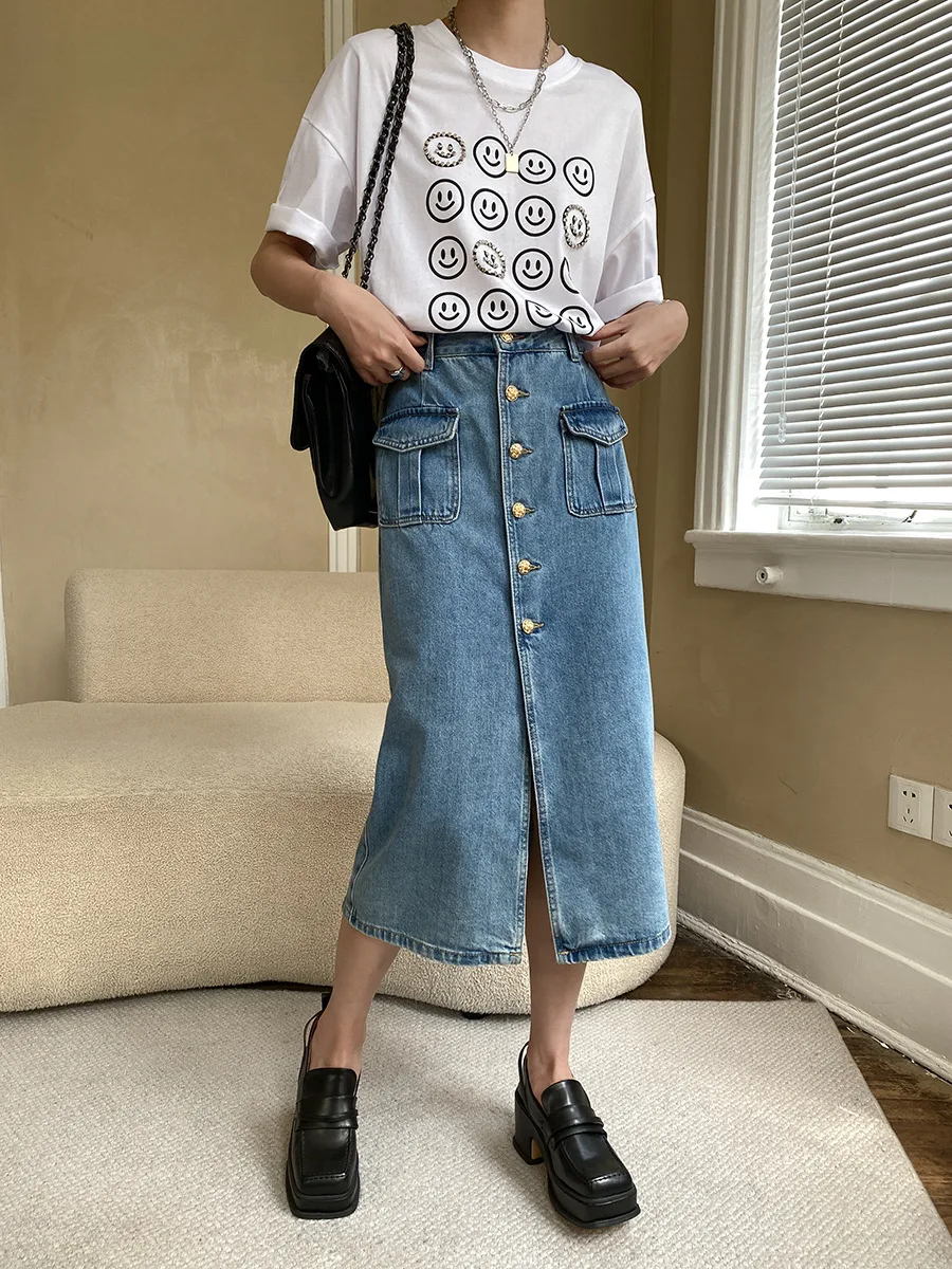 

Jyate Women Front Slit Blue Denim Skirt Pockets High Waist Slim Single-breasted Midi Skirts 2023 Spring Female Casual Streetwear