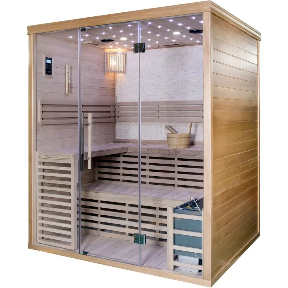 Hemlock Wood Traditional Wet or Dry 4-5 Person Glass Wall Sauna, with 6KW Heater, Rocks, Water Bucket, Ladle, LED Lights, Sauna 2