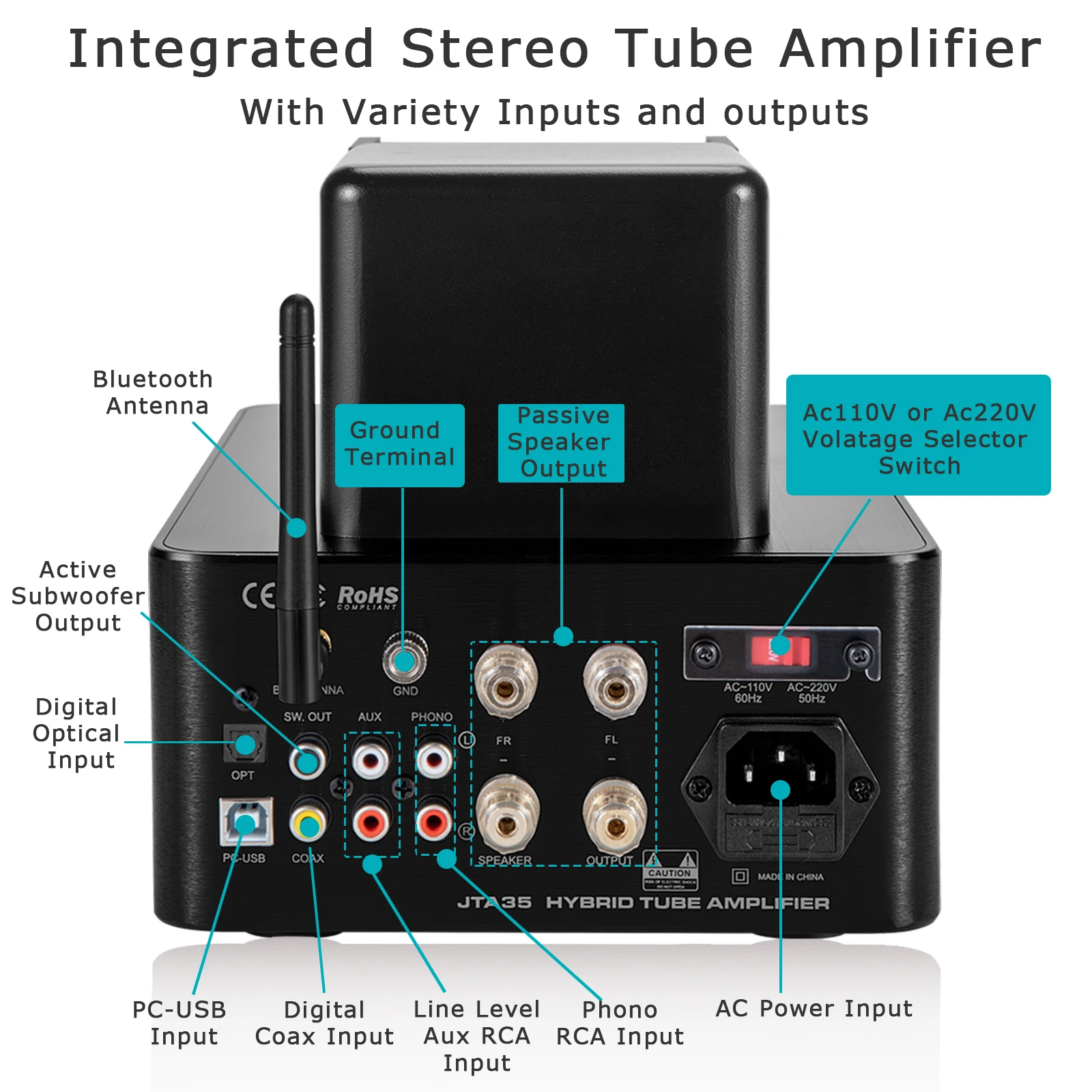 Juson Audio JTA35 Hybrid Tube Amplifier Valve Receiver Phono Preamp USB DAC In Headphone Subwoofer Out 70 Watts Amplifier 2