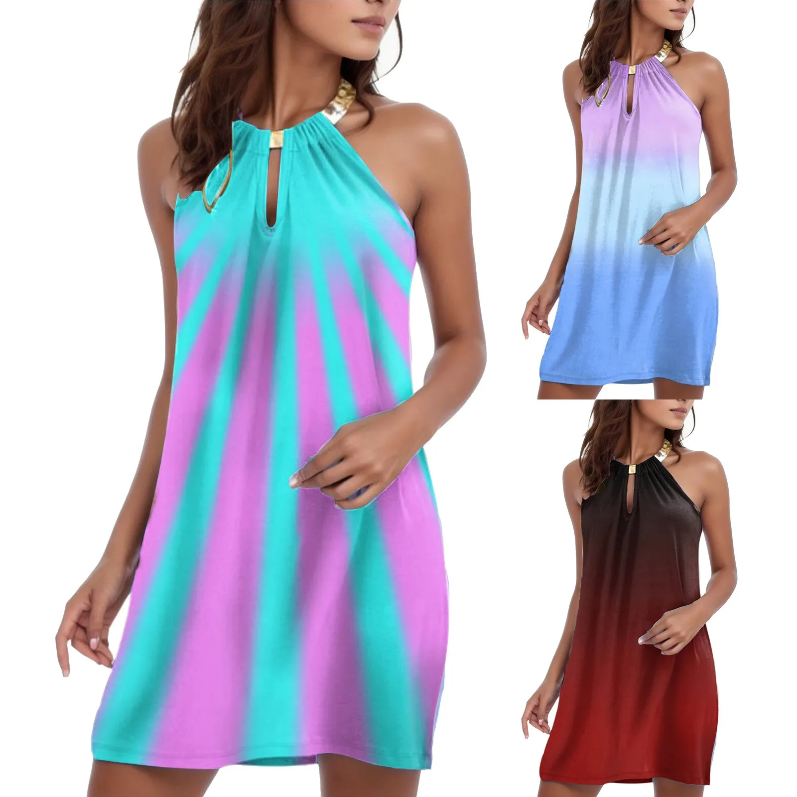 

Vintage Backless Dress Women Summer Casual Sexy Hollow Out O-Neck Sleeveless Sundress Loose Beach Mini Dress Robe Femme