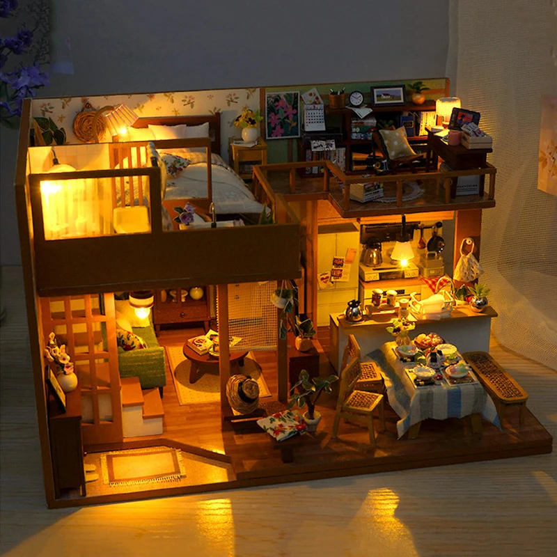 DIY 목재 미니어처 모델 키트 모던 로프트 카사 빌라 3D 퍼즐 인형 집 가구와 조명 포함 친구 생일 선물용