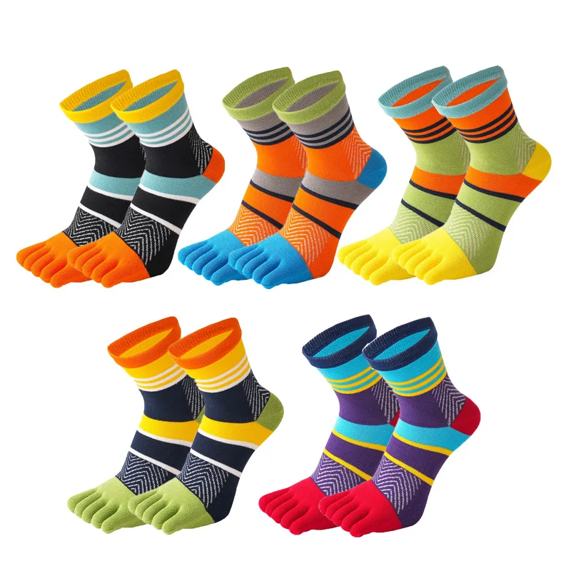 Colorful Striped Cotton Five-Finger Socks for Men - Fun & Comfortable Dress Socks