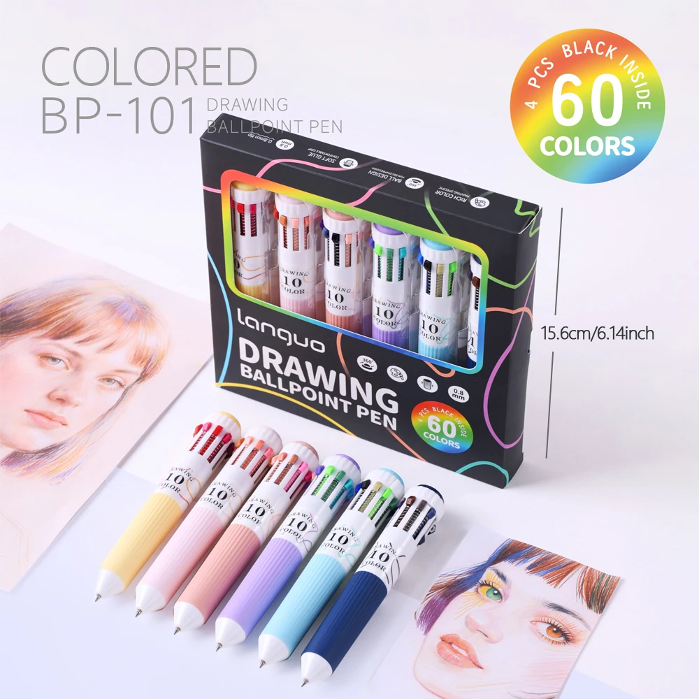 6 Pcs/Box Creative 10-in-1 Drawing Ballpoint Pen Set 60 Colors Multi-Function 0.8mm Colored Pens for Painting & Study Marking