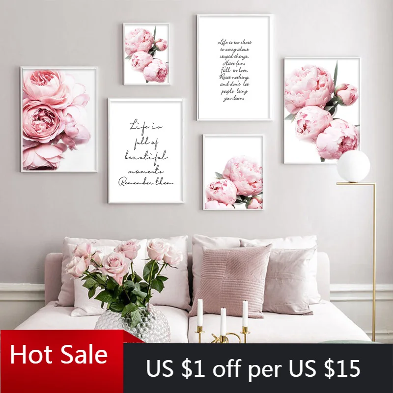 

Pink Peony Canvas Painting Poster Nordic Print Positive Life Text Quote Flower Wall Decor Picture Modern Aesthetic Room Decorati