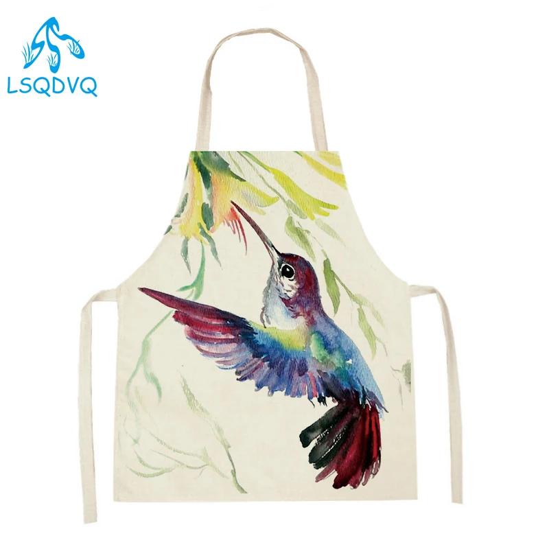 

Watercolor Bird Flower Printed Kitchen Aprons for Women Household Cleaning Accessories Linen Cooking Baking Apron Colorful Apron