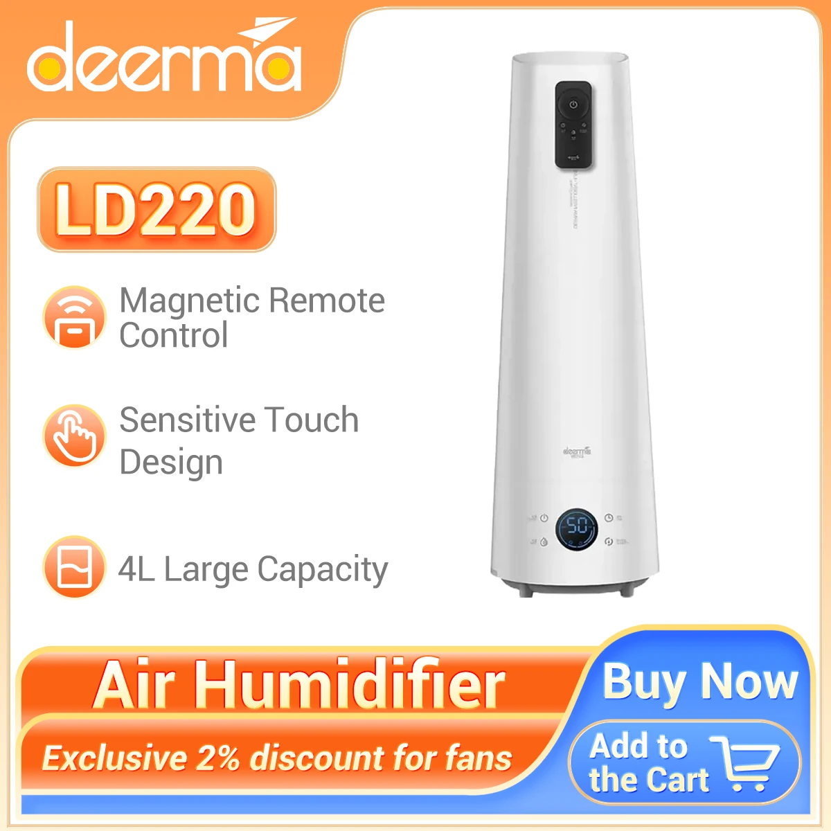 

Deerma DEM-LD220 Air Humidifier With Magnetic Remote Control, 12H Timing Air Purifying,Real--timehumidity Display, Touch Version