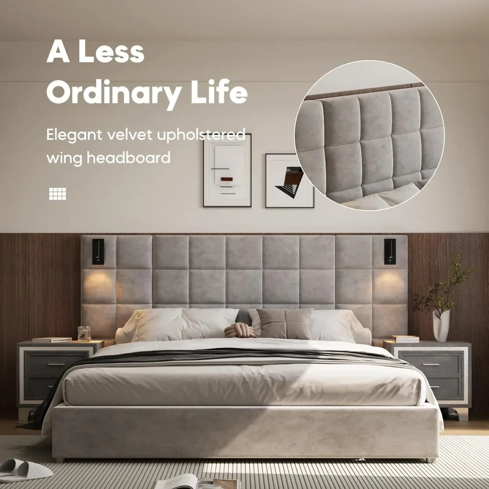 King Platform Bed Frame with Headboard, Elegant Velvet Upholstered Bed with Grid Pattern Padded Headboard, 2 LED Wall Sconces 3