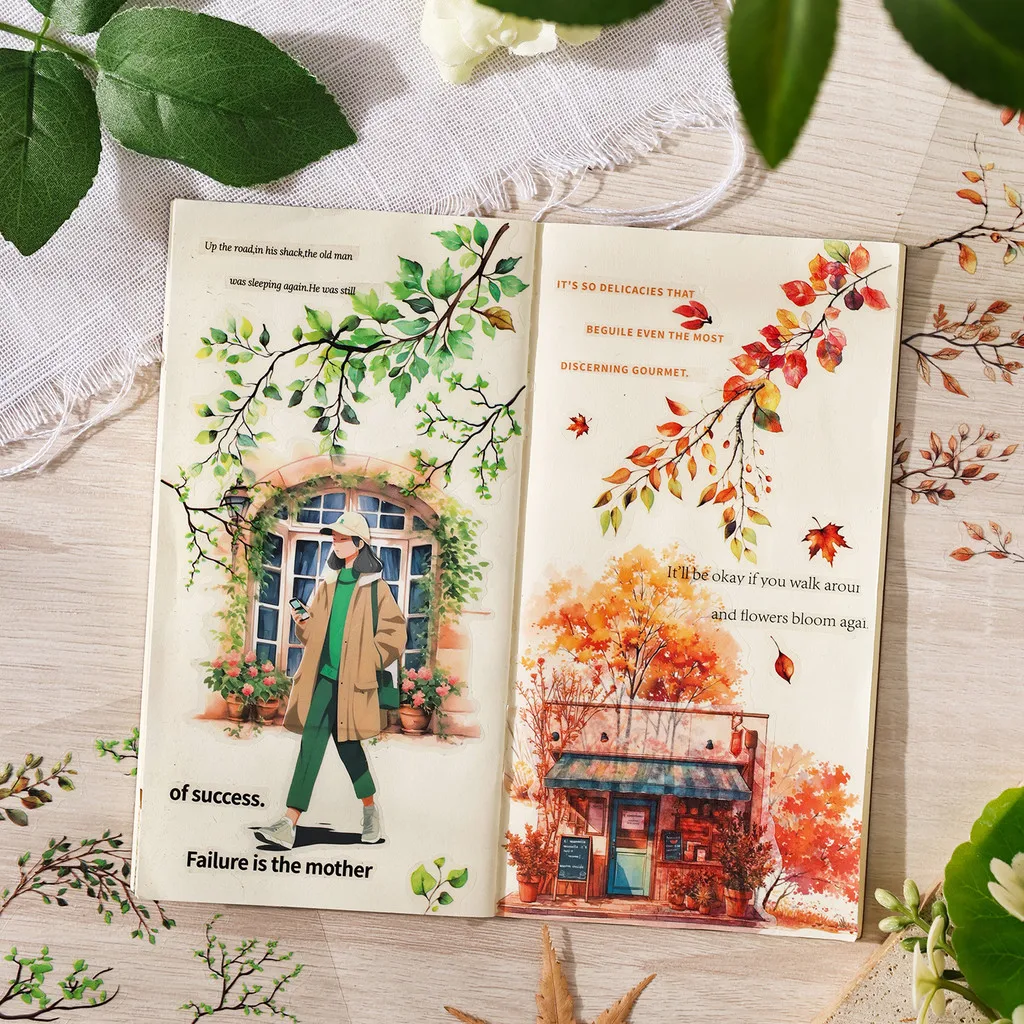 Journamm 6 시트 가지 잎 스티커 PET 소재 핸드 계정 스티커 Scrapbooking Junk Journal Diary 용 식물 꽃