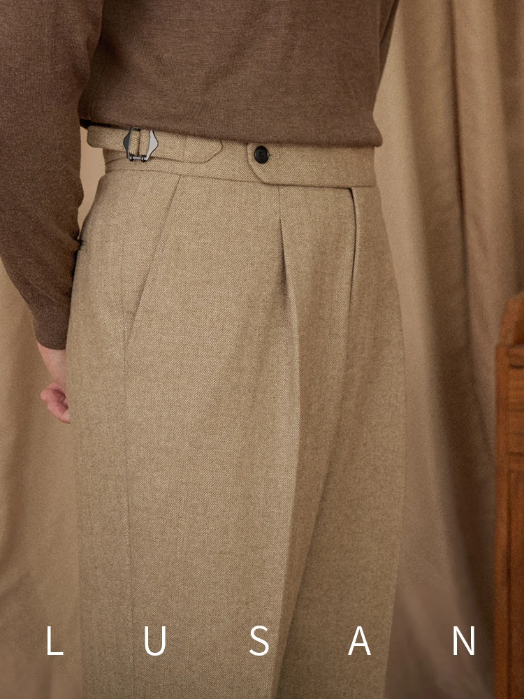 40% Wool Winter Thick Warm Naples Casual High Waist Straight Pants Commuter Retro Men casual pants