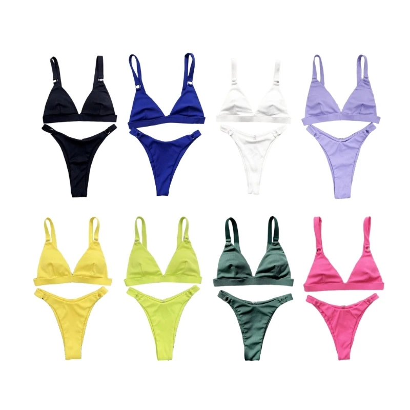 

Y1QE Women O-Ring String Bikinis Set Lady Solid Color Swimsuits 2 Pieces Swimwear Female High Cut Bathing Suit for Beachwear