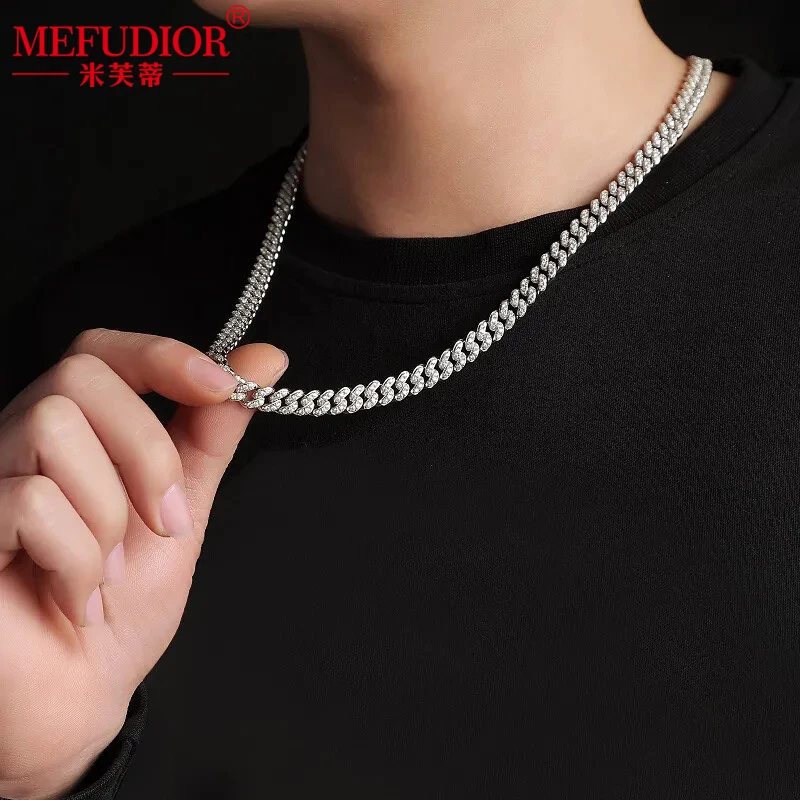 

925 Silver Cuban Necklace 8mm Wide 50cm Length Chain White Round Moissanite Diamond Men Women's Hip Hop Fashion Jewellry Gifts