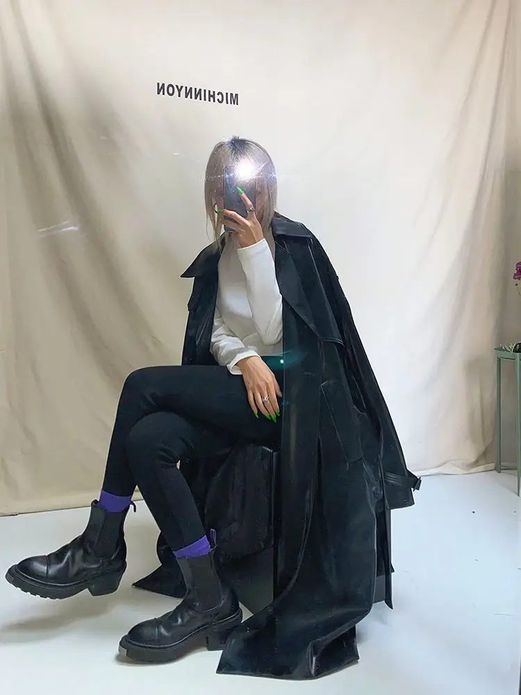 ADAgril Black Leather Trench Coat Women Retro Biker Long Windbreak Jackets Loose Korean Style Fashion Autumn Winter Clothes New
