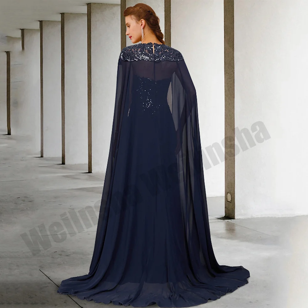 Navy Blue Mother of The Bride Dress with Chiffon Cape Sparkling Sequin Applique A Line Wedding Guest Dresses Evening Gown
