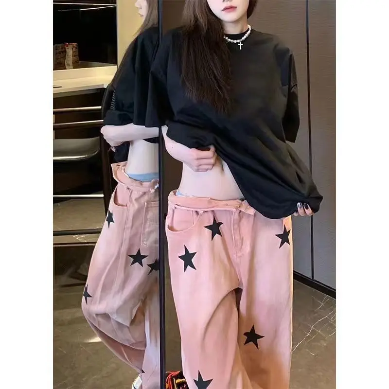 American Retro Print Pink Star Jeans  Sweetheart Spice Girl  Autumn Trendy High Street Vibe Style Straight Pants Y2k Pants Women