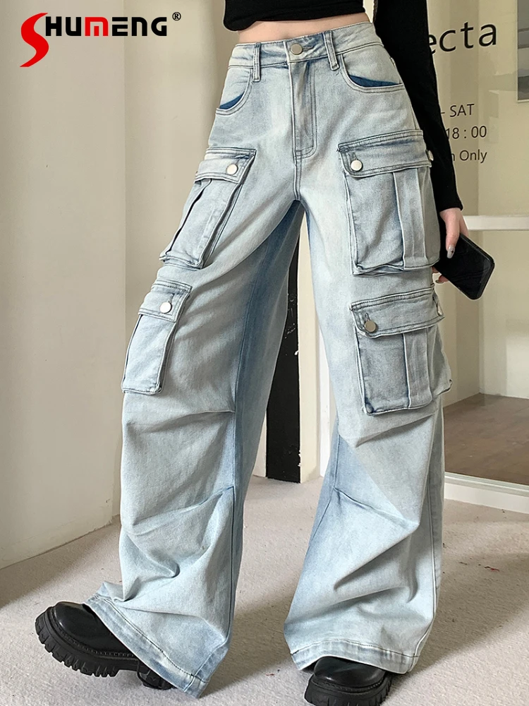 Boyfriend Multi-pocket Jeans for Women American Overalls Autumn 2023 Women's Loose Light Color Straight Wide Leg Denim Mop Pants