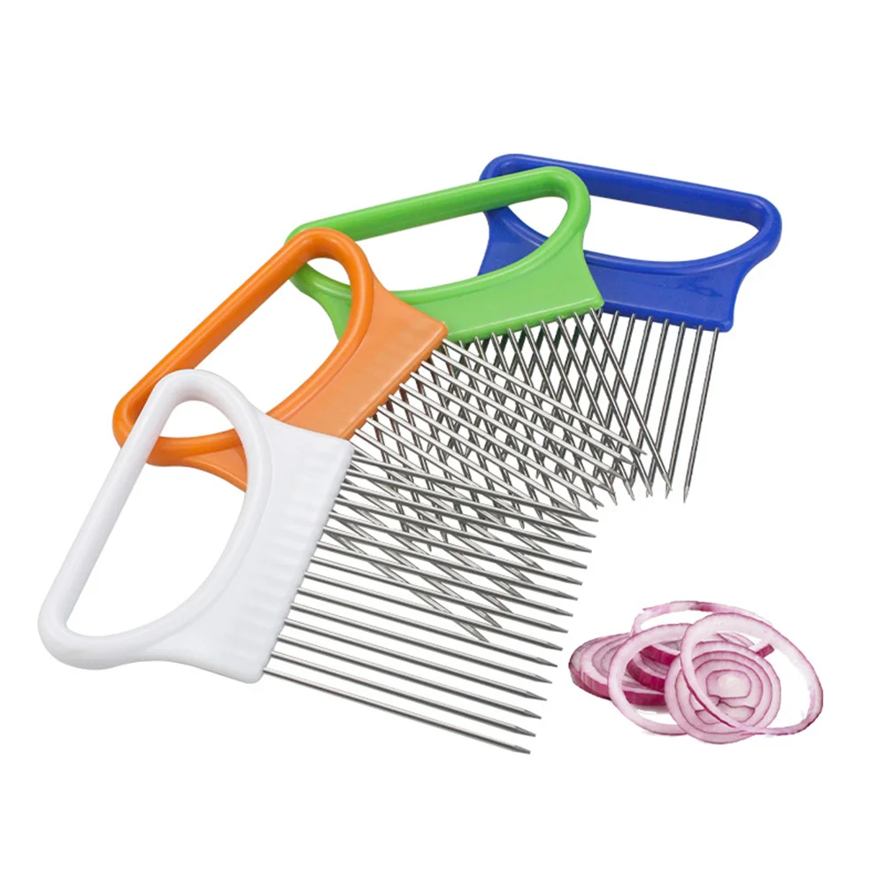 Vegetable Slicer Stainless Steel Onion Needle Onion Fork Vegetables Fruit Slicer Tomato Cutter Cutting Safe Aid Holder Kitchen Accessories Tools