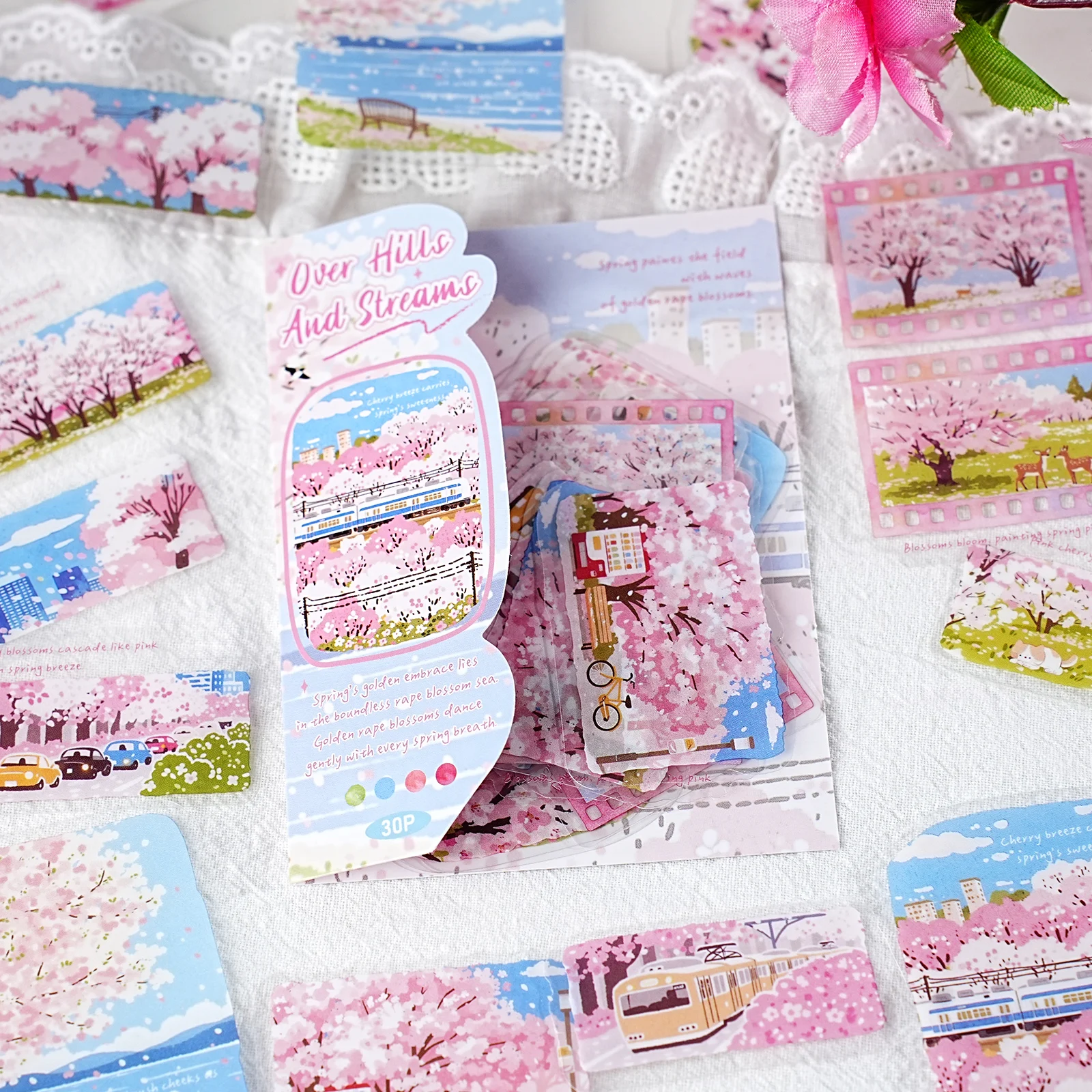 Etori Life 30Pcs 힐링 스프링 벚꽃 스티커 일본 도시 풍경 저널 장식 재료 노트북, 여행 가방, 물병, 사진 앨범, 스케이트보드, 사무실 장식 액세서리, 수제 스크랩북 용품, 방 장식, DIY 공