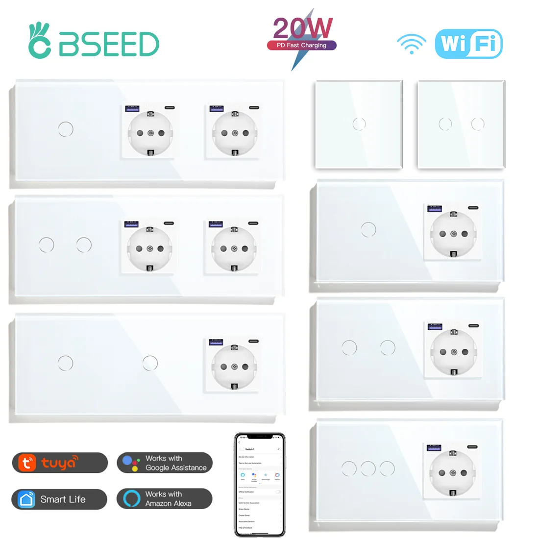 BSEED 1/2/3Gang Wifi Touch สมาร์ทสวิทช์ Tuya Alexa Plus ปกติ EU ซ็อกเก็ต 20W Fast ชาร์จพอร์ต USBC Neutral ต้องใช้ 1