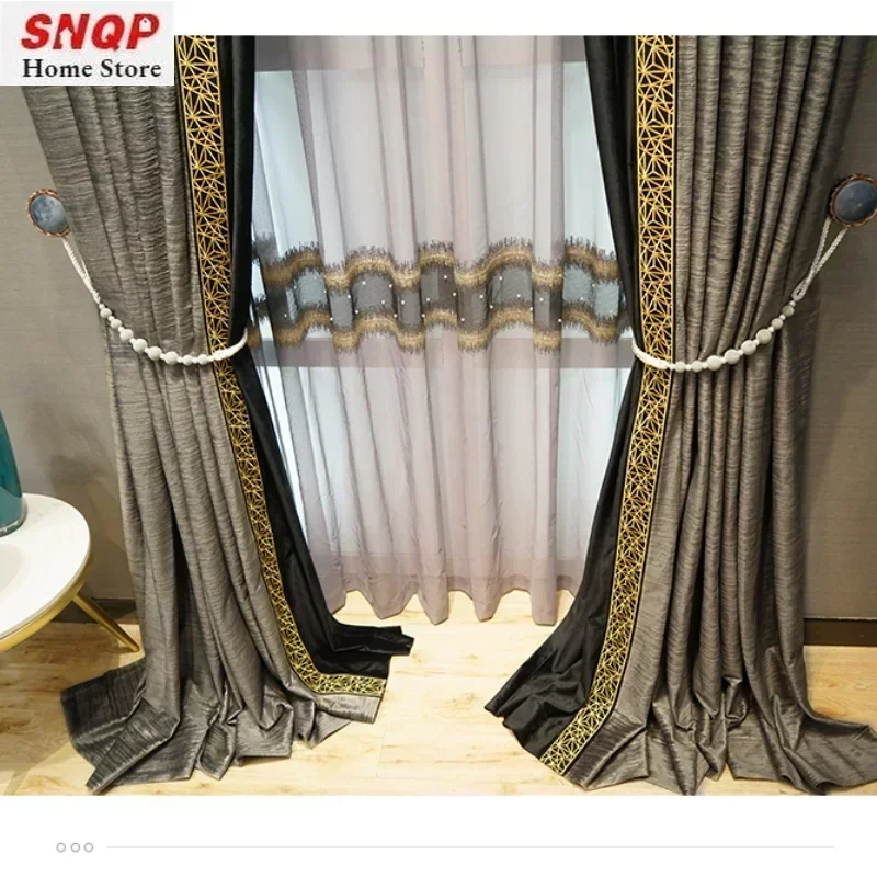 European Luxury Velvet Curtains For Living Room Dining Bedroom Blackout Tulle Grey Vintage Golden Lace Stitching Custom Elegant