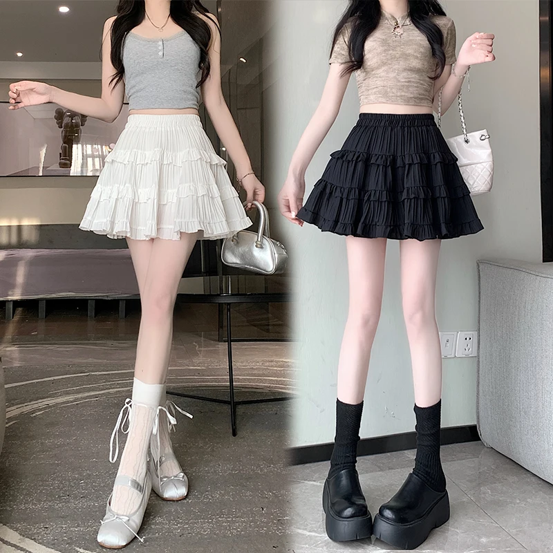 

2024 Summer New French Ruffle Edge Skirt Sweet Hundred Fold Cake High Waist A-line Short Skirt Solid Color Elastic Waist