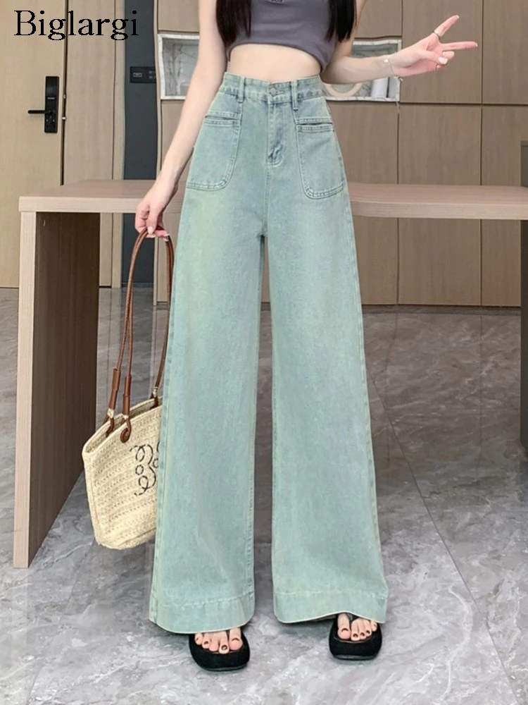 

Jeans Summer High Waist Long Wide Leg Pant Women Loose Pleated Korean Style Retro Fashion Ladies Trousers Casual Woman Pants