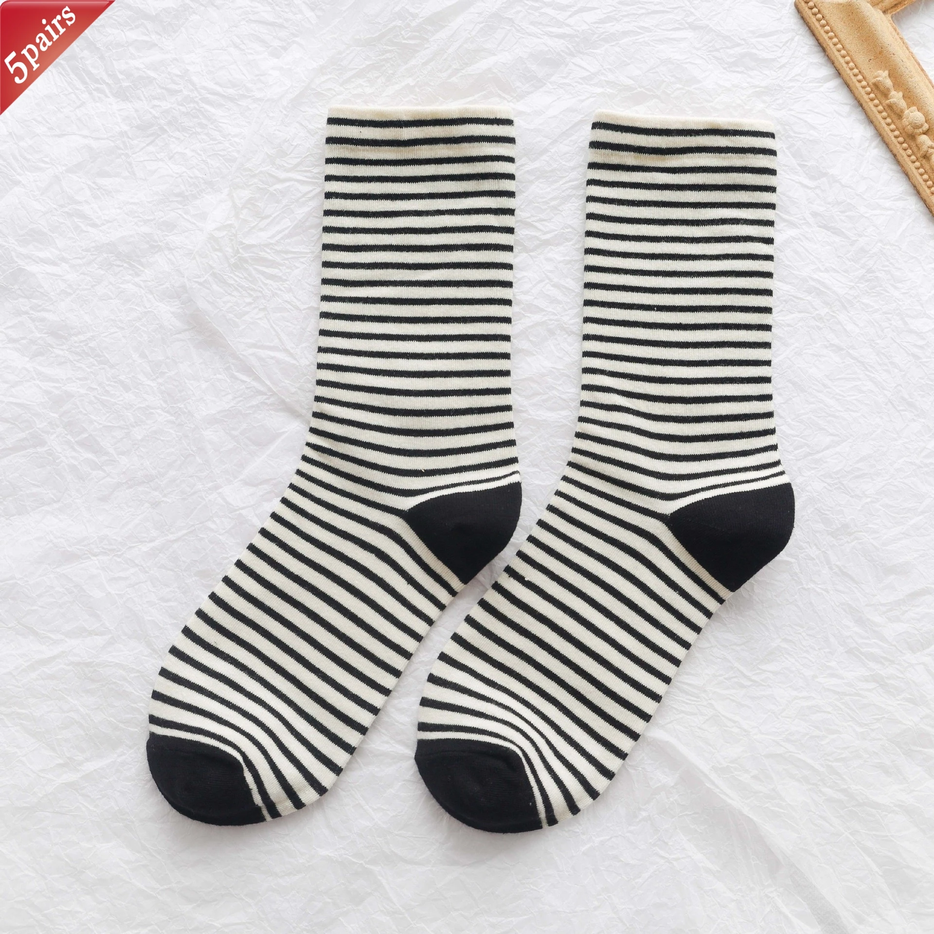 Women's Korean Comfort Cotton Socks - Striped Contrasting Color Mid Tube, 5 Pairs Set