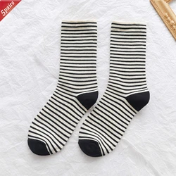 Women's Korean Comfort Cotton Socks - Striped Contrasting Color Mid Tube, 5 Pairs Set - One Size (5 Pairs A)