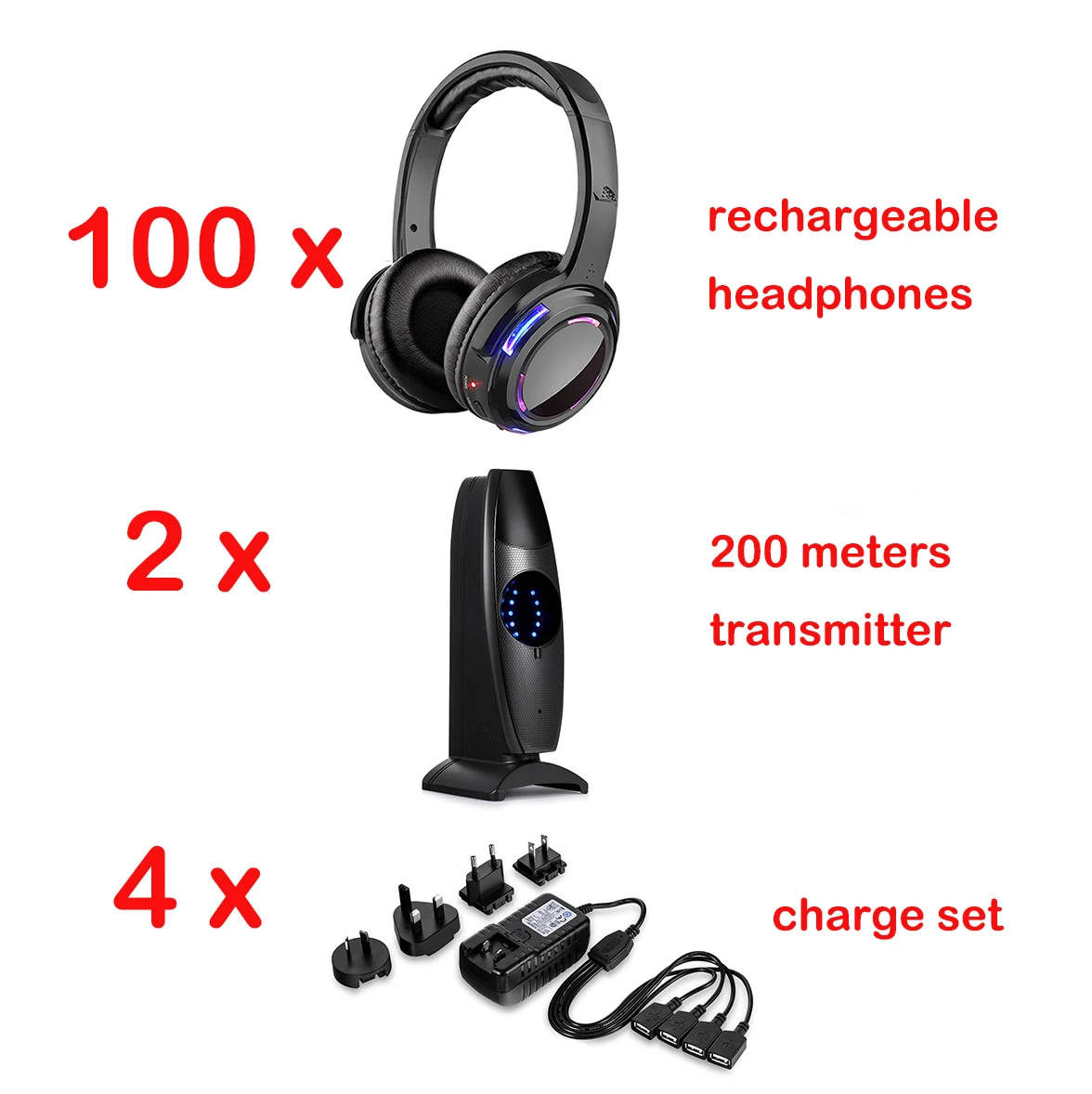 thumbnail image 1 of Auriculares de discoteca silenciosos con sonido de alta definición, sistema de competición, luz LED intermitente, auriculares recargables con transmisor de distancia de 200 m, 1 of 5
